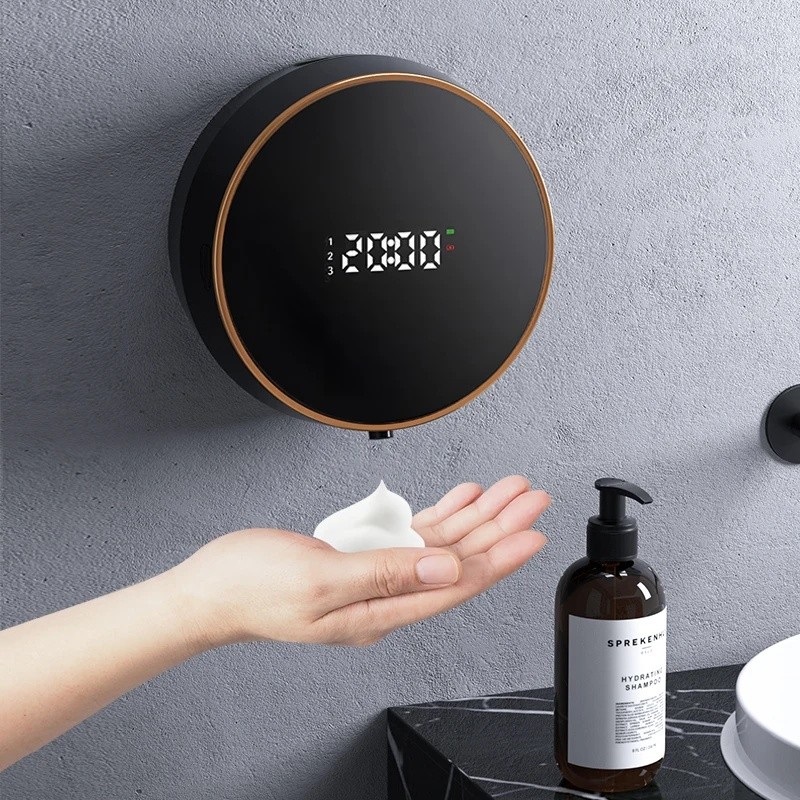 Giá treo tường Hộp đựng xà phòng xốp tự động Màn hình hiển thị nhiệt độ LED Điện cảm biến hồng ngoại không chạm Máy tạo bọt Chất lỏng