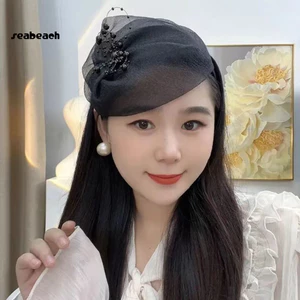 Băng đô trang trí tóc Prom Băng đô đám cưới phong cách Pháp có hạt và trang trí lưới Phụ kiện tóc thanh lịch cho Prom và những dịp đặc biệt Vòng tóc nâng cao cho W