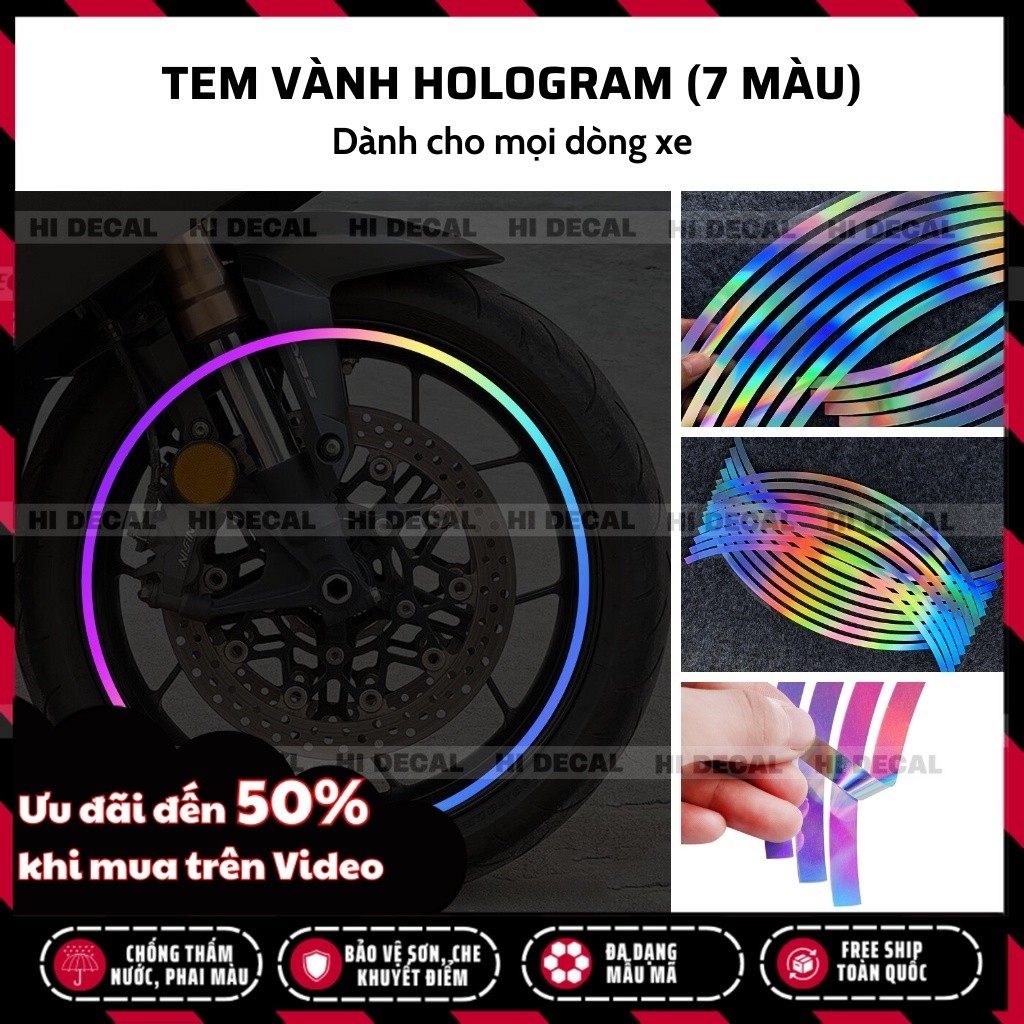 Tem dán vành 7 màu hologram full 2 vành dành cho mọi dòng xe |TV006| Decal cao cấp chống nước chống phai màu