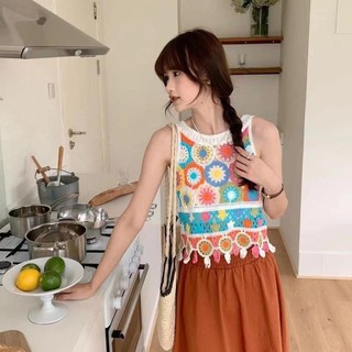 Áo len dệt kim BAIHECrop Top boho nữ, tua rua ngắn, thời trang không tay