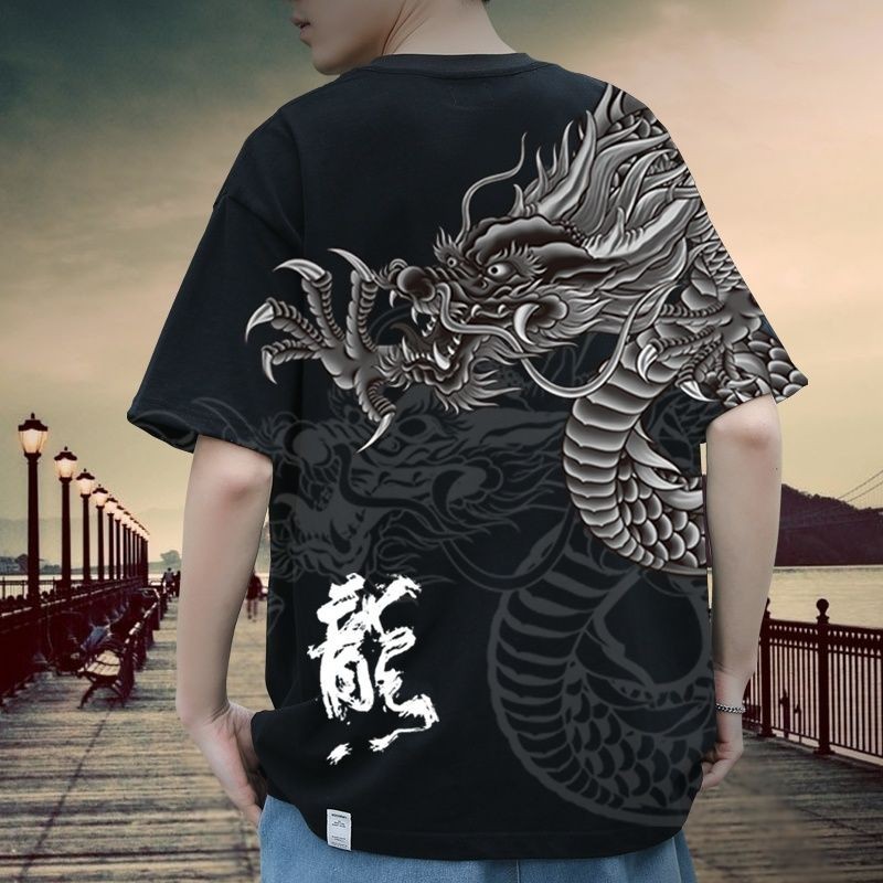 Quốc Gia Thời Trang Áo Thun Nam Tay Ngắn Rời Kích Thước Lớn Cá Tính Trung Quốc Móng Vuốt Rồng In Retro Thường Ngày Màu Đen Hợp Thời Trang Tay Ngắn Mới