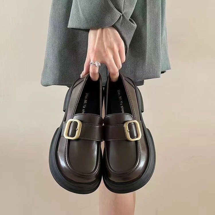 Mũi Tròn Dày Gót Slip-On Loafers Khóa Kim Loại PU Đế Dày Nhật Bản jk Giày Sinh Viên Pháp Đen Da Nhỏ Giày Đi Làm Giày Đi Làm Nhà Máy Giá Bán Buôn