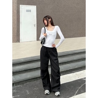 Quần Suông nữ Túi Hộp Chất vải kaki Thoáng Khí, Lưng Chun Cạp Cao, có dây lưng dáng Quần ồng rộng nữ cá tính mã 805