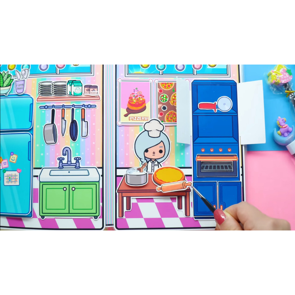 ĐỒ CHƠI NGÔI NHÀ BÚP BÊ GIẤY CẮT THỦ CÔNG DIY - Ngôi nhà của bé Pizza Store In Quiet Book Ngôi nhà búp bê đồ chơi giấy