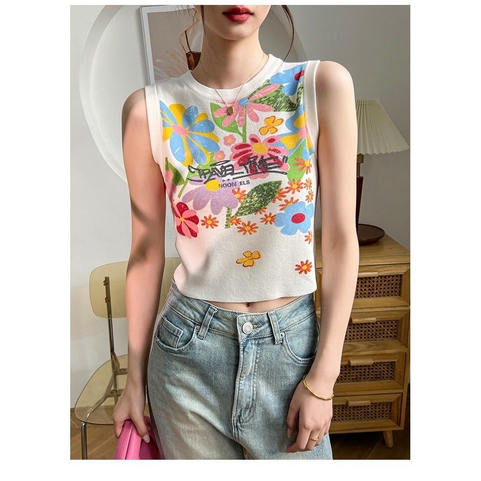 Milyfashion Trung Quốc Mới Graffiti Hoa In Áo Vest Không Tay Mùa Hè Phong Cách Mới Thiết Kế Độc Đáo Độc Đáo Tất Cả Trận Đấu Ngắn Top Hợp Thời Trang