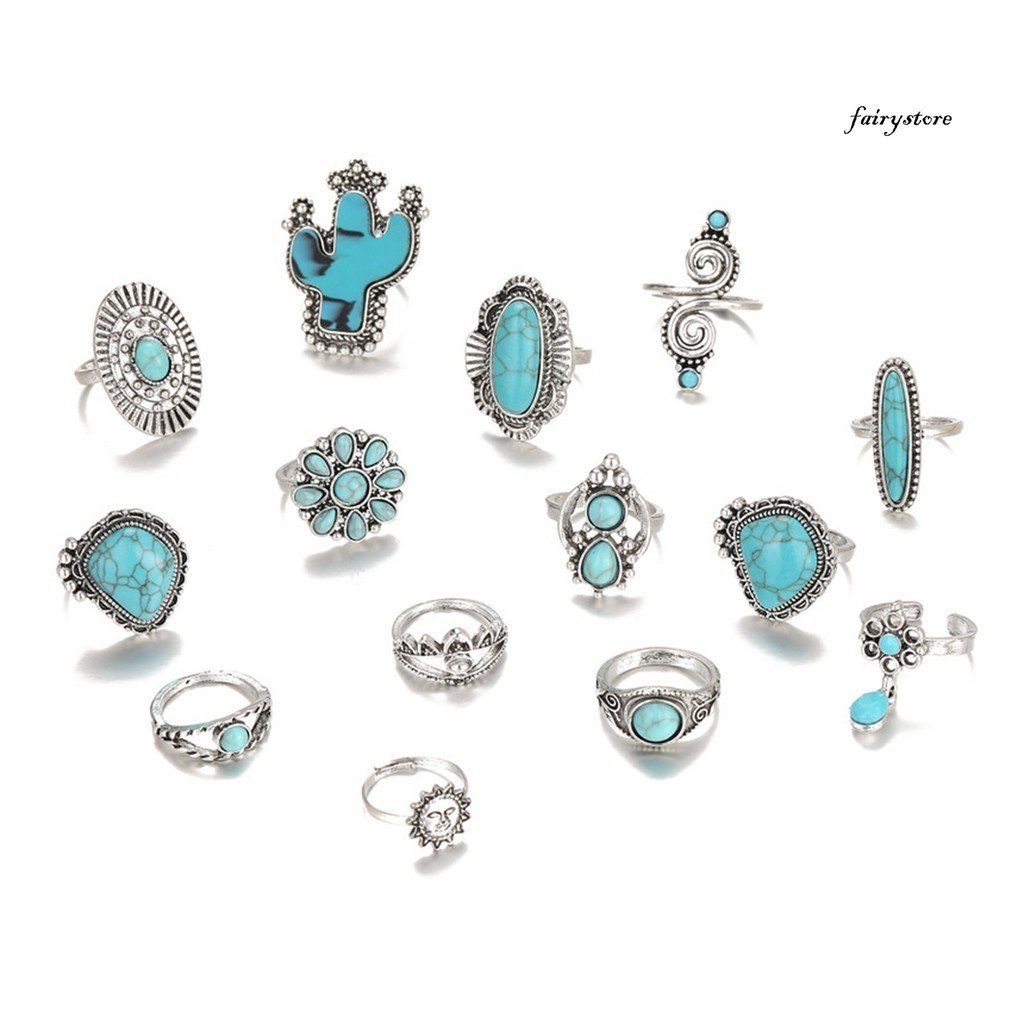 [Cổ tích] 14 Cái / bộ Vintage Bohemian Open End Bộ Nhẫn Có Thể Điều Chỉnh Xương Rồng Hình Mặt Trời Giả Ngọc Trai Nhẫn Knuckle Quà Tặng Trang Sức Thời Trang