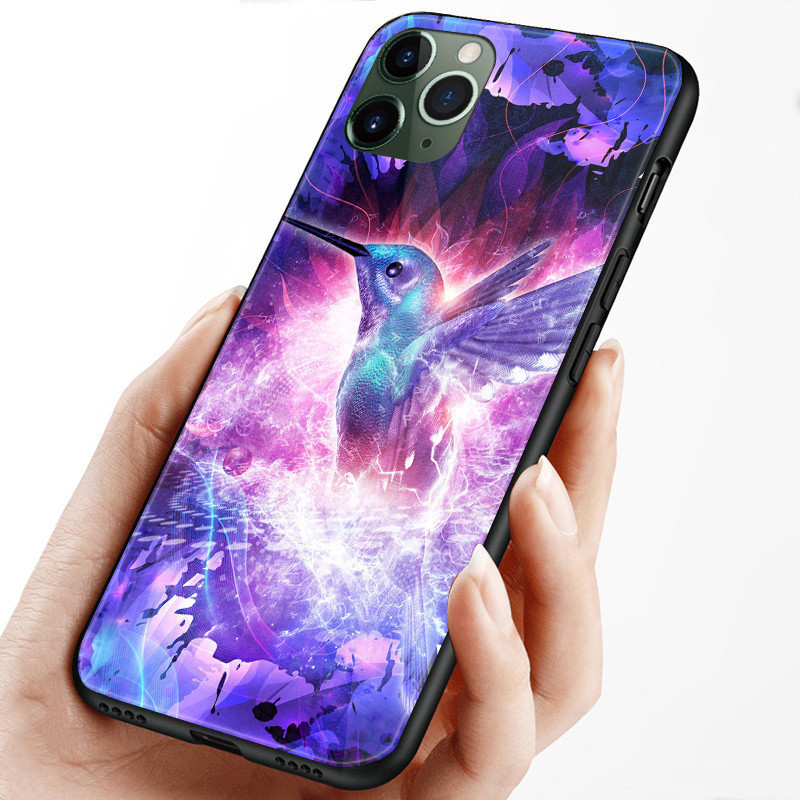 Ốp Điện Thoại Kính Cường Lực Hoa Và Chim Ruồi Cho IPhone 15 14 13 12 11 Pro XS Max Plus Mini X XR 8 7 6s SE2 / 3