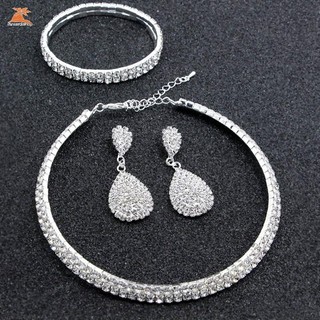 Phụ Nữ Kim Cương Giả Pha Lê Choker Vòng Cổ Bông Tai + Vòng Tay + Bông Tai Bộ Trang Sức Cưới Phụ Kiện Cô Dâu