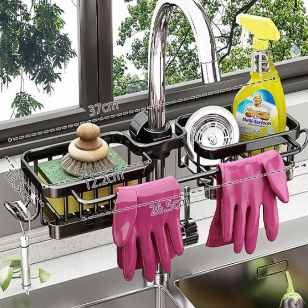 Giá thoát nước bồn rửa chén YMIFI, Kệ thoát nước xà phòng Giỏ đựng bọt biển bằng nhôm không gian, Dụng cụ sắp xếp phòng tắm Multipurppse Tiết kiệm không gian Giá đỡ vòi bếp