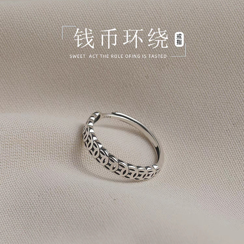Retro Money-Fortune Good Luck Ring Nữ Thiết kế độc đáo Mở đơn giản Điều chỉnh