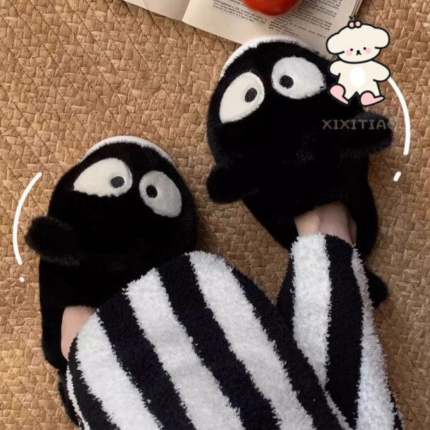 Xixitiao Giày Cotton Xấu Xí Dễ Thương Mắt To Nhỏ Mèo Đen Nữ Lông Cừu Ấm Nhà Nửa Gót Đế Mềm Lông