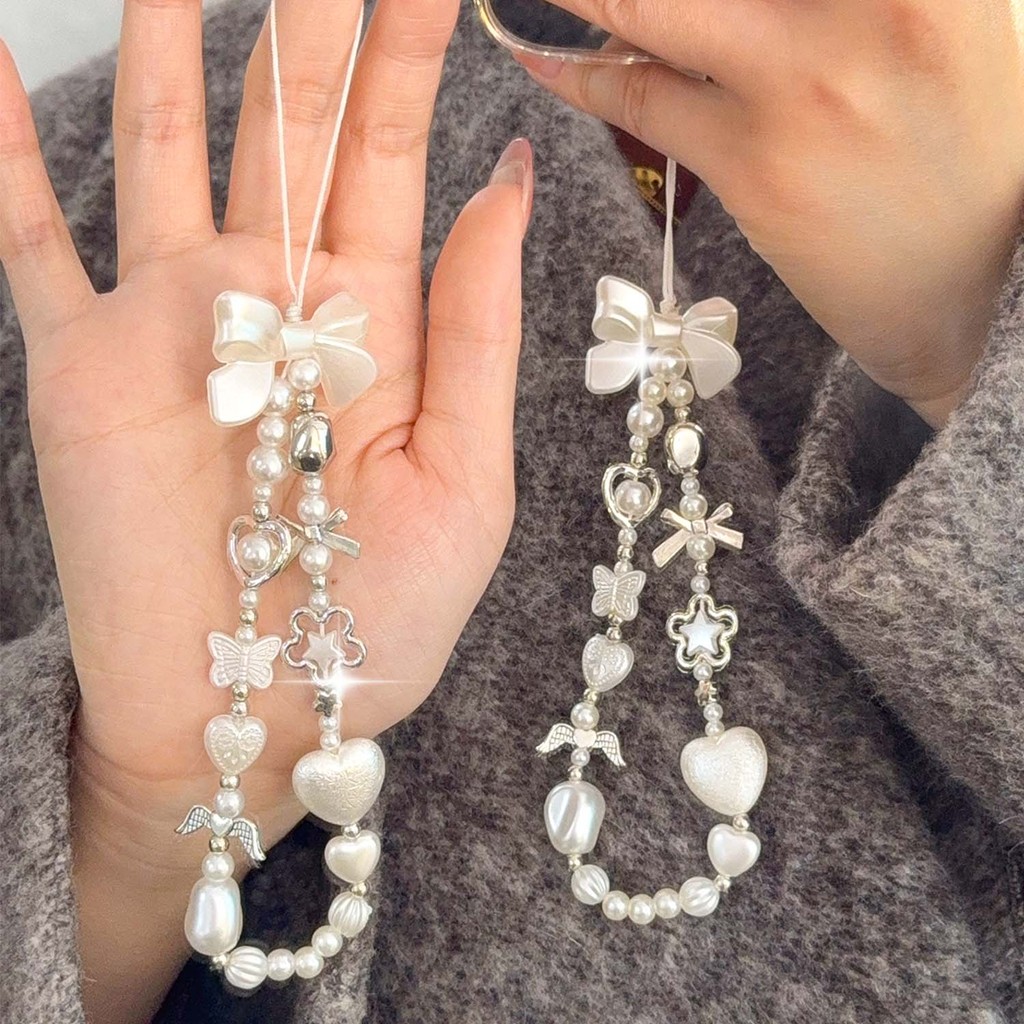 Dây chuyền điện thoại đính cườm nơ trắng Baroque - Trang trí chìa khóa ô tô - Mặt dây chuyền trang sức cô gái tinh tế - Ba lô DIY Charm treo - Quà tặng cho những người bạn thân nhất, trẻ em - Thời trang, Đa năng