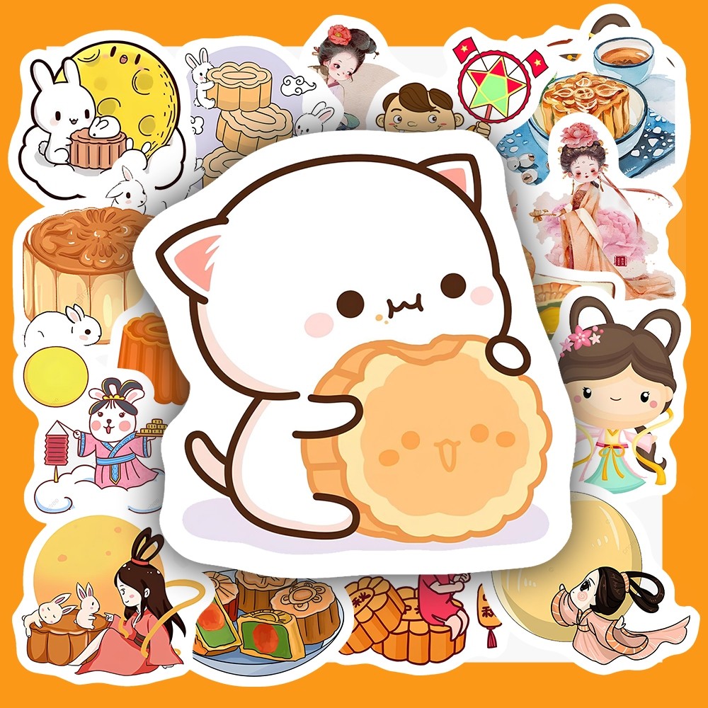 Hộp 25 Miếng Dán Sticker HÌNH ẢNH TRUNG THU - Chống Thấm Nước Trang Trí laptop, vali - NSX Gì Cũng In