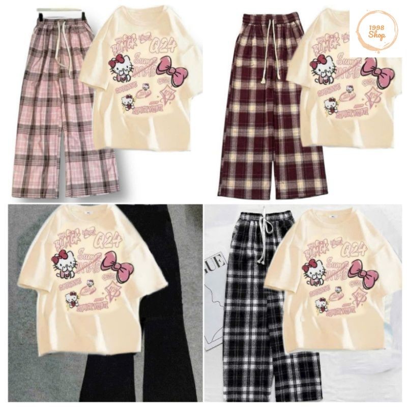 Tổng Hợp Các Sét Quần Ống Rộng + Mix Áo Phông Hình Mèo HÊ LÔ KÍT TI form rộng tay lỡ cotton - Hình Mèo Màu BE