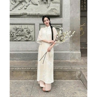 Áo dài cách tân 4 tà chất liệu lụa bóng phối tay tơ Oranga may bọc đường may - JNN Store J85