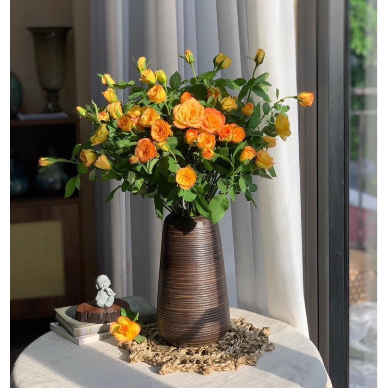 Bình gốm sứ Bát Tràng dáng đu đủ họa tiết vân ganh cắm hoa hồng, hoa sen, decor nội thất
