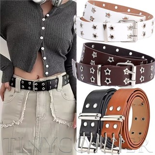 Thắt lưng ngôi sao hai hàng phong cách Punk | Dây đeo thắt lưng giả da 105-115cm có thể điều chỉnh cho thời trang Y2K / Edgy, cà phê / đen / trắng / lạc đà
