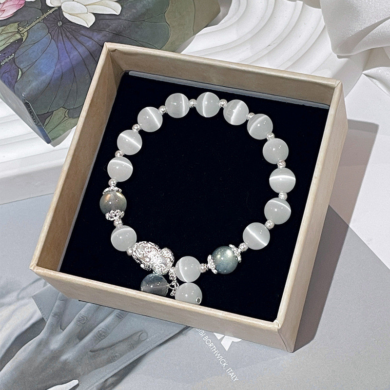 Vòng tay đá mắt mèo Pixiu dành cho nữVintage Niche DesignLucky Hạt xám Moonstone Pixiu Vòng tay