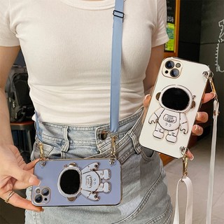 Ốp lưng OPPO A6 Pro 5G 4G 2025 Vỏ điện thoại mạ điện 6D dễ thương thời trang mới OPPO A6Pro có giá đỡ phi hành gia Dây đeo chéo dài cho bé gái