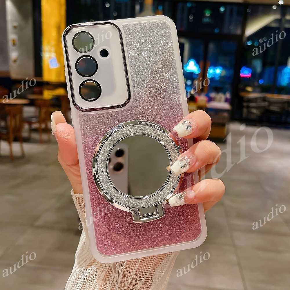 Lấp Lánh Gương Bling Giá Đỡ Từ Tính Ốp Lưng Điện Thoại Samsung Galaxy M55 M35 M15 4G 5G Full Ống Kính Camera Bảo Vệ Phim Lấp Lánh Vỏ Điện Thoại Có Chân Đế Để Bàn Ngón Tay Giá Đỡ