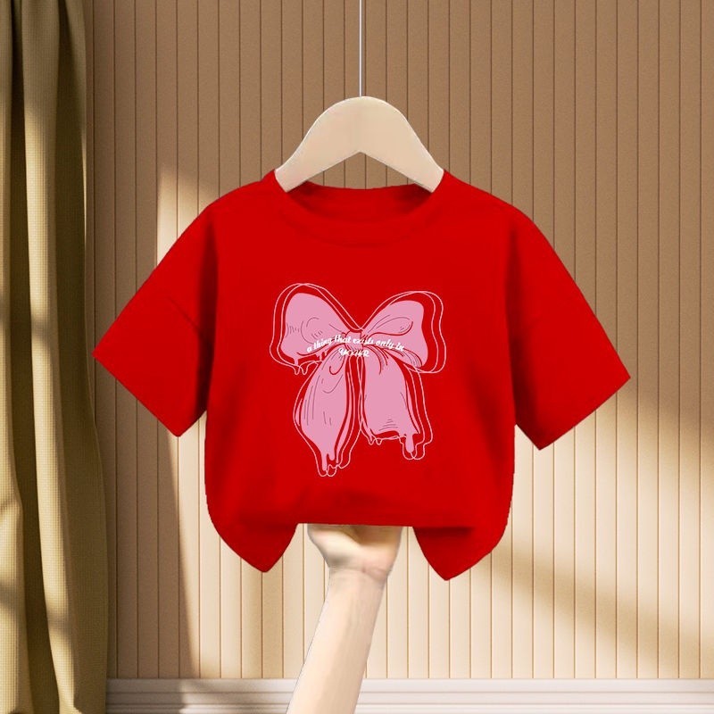 Áo Thun Hàn Quốc Quần Áo Trẻ Em Ngọt Nơ In Hình Mùa Hè Tay Ngắn Áo Thun Unisex Bé Gái Bé Trai Thời Trang Áo Quần Áo 0-12 Tuổi