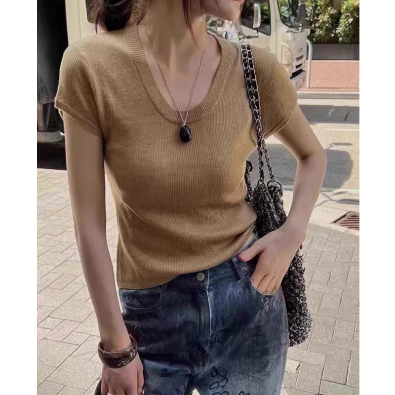 Suxinew Mùa Hè Phong Cách Tối Giản Màu Trơn Cổ Ôm Phù Hợp Với Đa Năng Ngắn Tay Dệt Kim Áo Len Nữ Top 240419