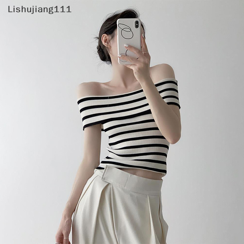 Li ✨Real Shot Áo thun dệt kim ngắn tay sọc một vai mới mùa hè dành cho Slim Top SHU