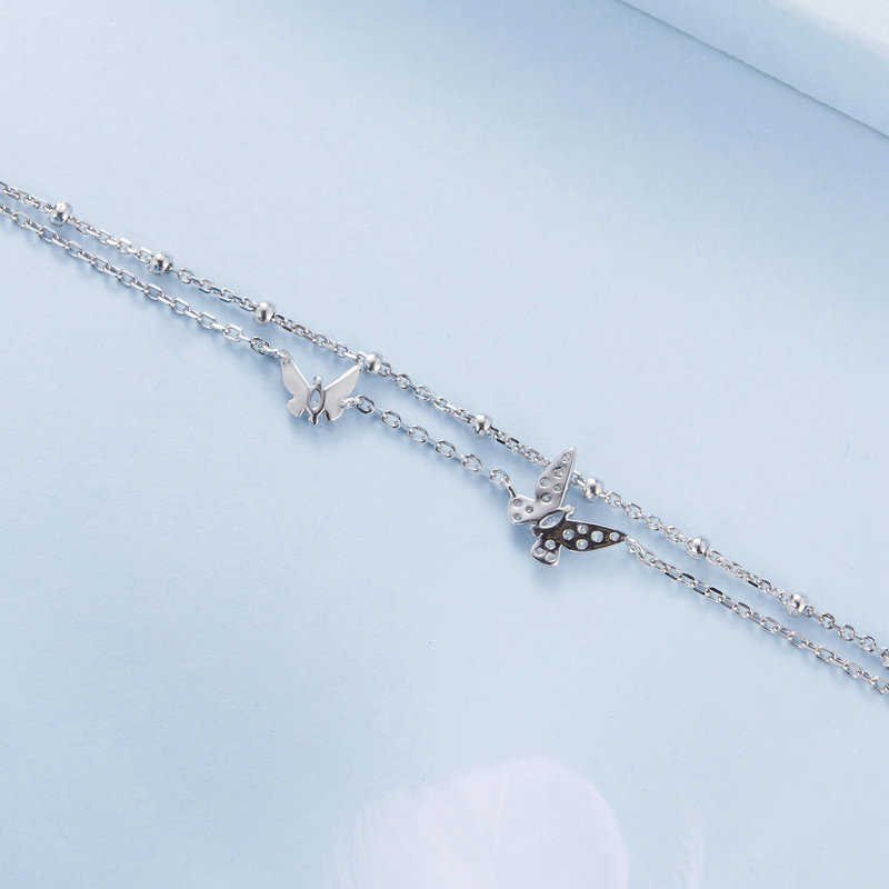 Bamoer 925 Sterling Sliver Vòng Tay Hai Lớp Bướm Vòng Tay Trang Sức Quà Tặng Cho Nữ BSB154