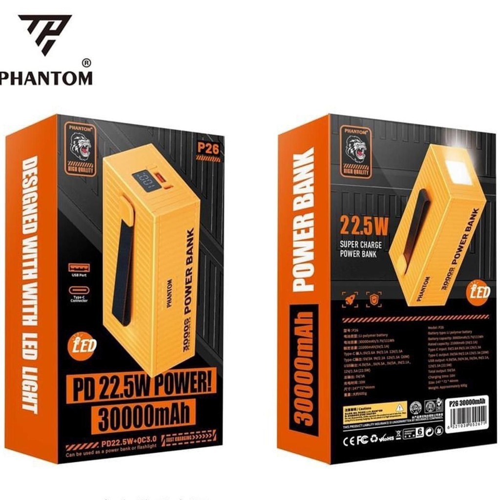 Pin Dự Phòng 22.5W Phantom P26 30.000mah