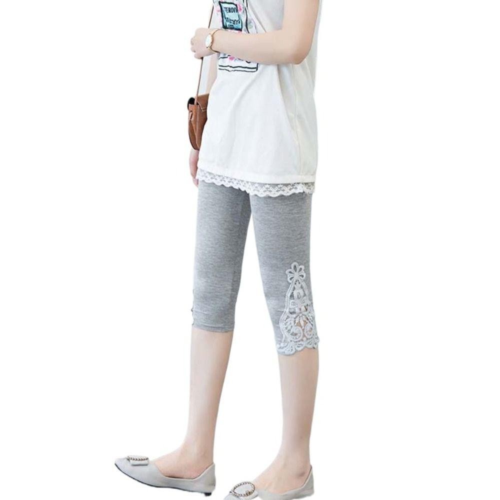 Quần capri co giãn CHIPHIVE, cạp thun, legging ren cạp cao, bó màu trơn hoa ren, phong cách kỳ nghỉ