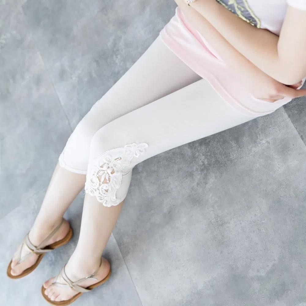 Quần capri co giãn CHIPHIVE, cạp thun, legging ren cạp cao, bó màu trơn hoa ren, phong cách kỳ nghỉ