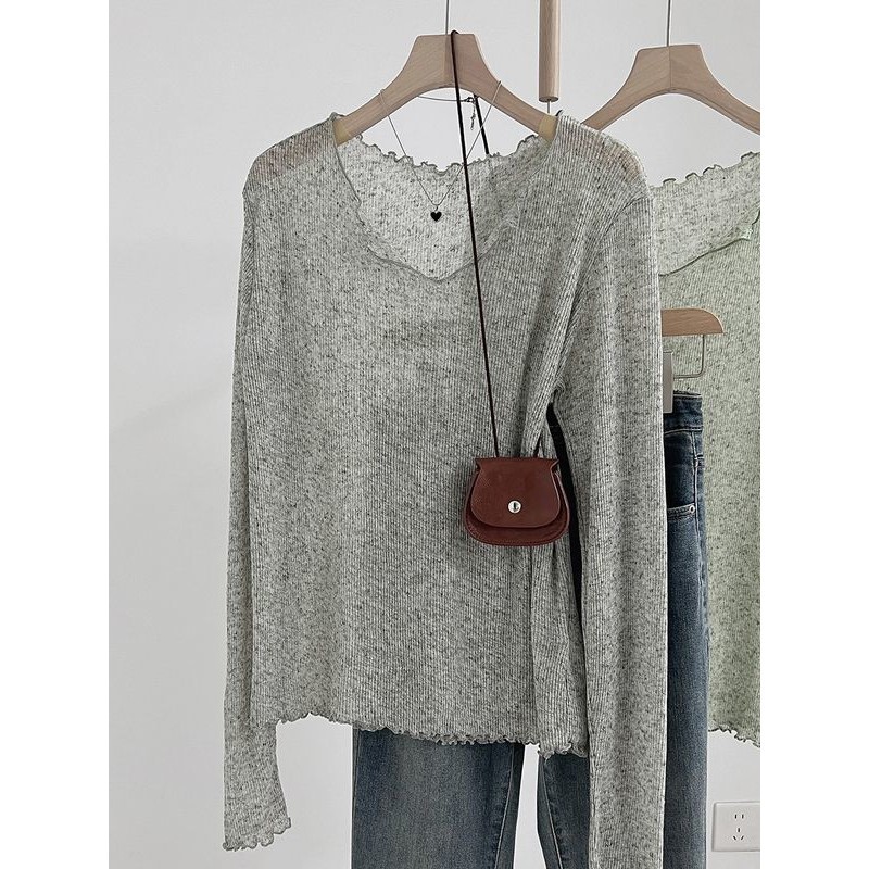 Milyfashion Cổ Chữ V Mỏng Dài Tay T Mùa Hè Rời Hơi Trong Suốt Chống Nắng Dệt Kim Áo