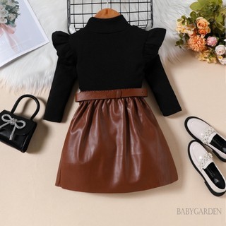Baga-1-6yeaf kids Girl Trang phục 2 món / Áo dài tay xù xì * / Váy xếp li bằng da / Bộ quần áo dễ thương mùa thu cho bé