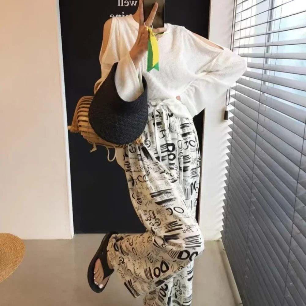 Quần ống rộng lưng cao dành cho nữ GOJO, Quần dây rút thẳng mùa hè Y2K, Quần Baggy thời trang in chữ thắt lưng thun