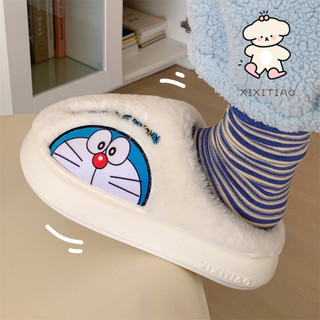 Xixitiao Thu Đông Doremon ip Đồng Thương Hiệu Ấm Baotou Dép Cotton Hoạt Hình Dễ Thương Tinkerbell Mèo Đế Mềm Confinement Giày Nữ