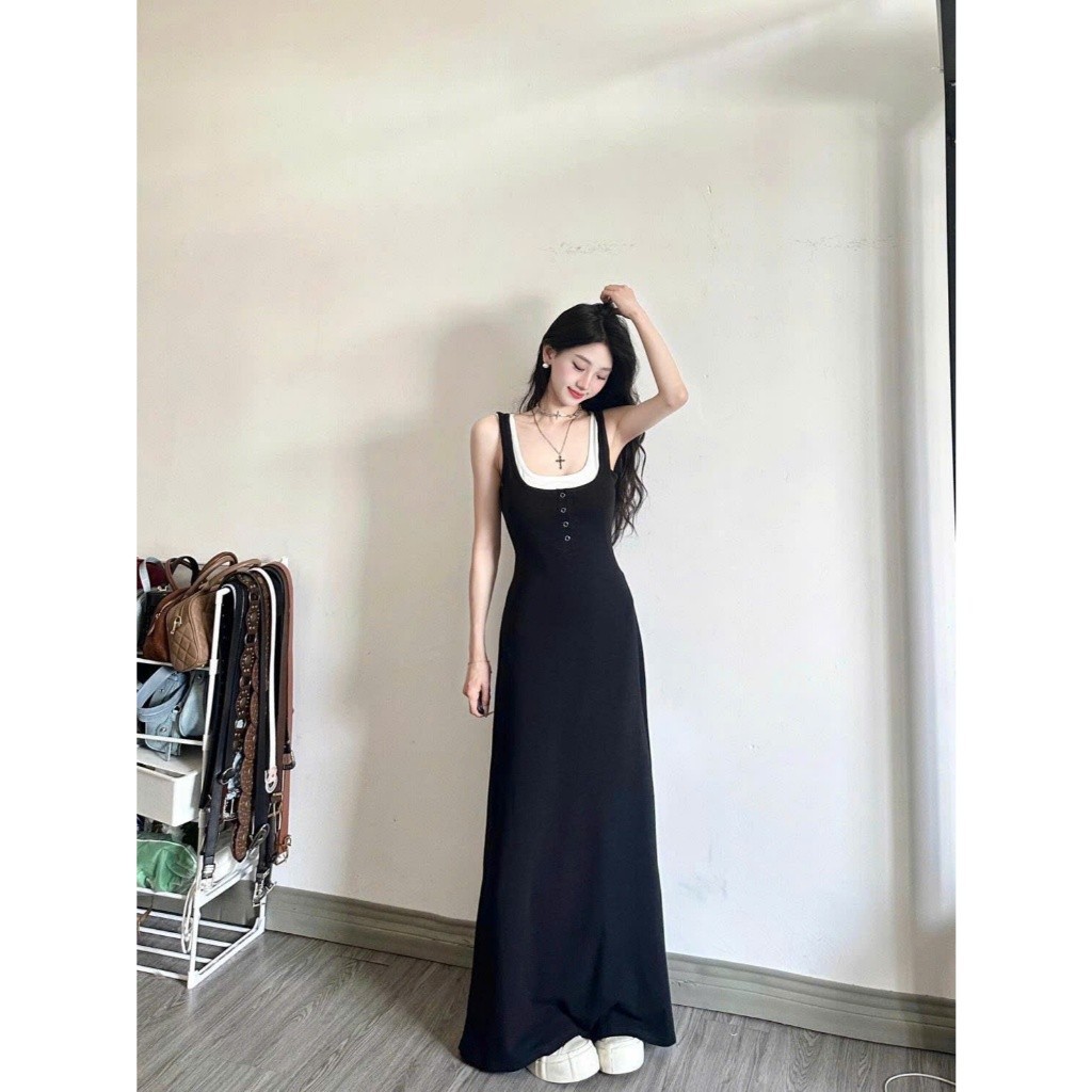 Váy đầm nữ maxi dáng dài chất liệu co giãn phối cổ trắng phong cách tiểu thư sang chảnh XIMIMI SP286