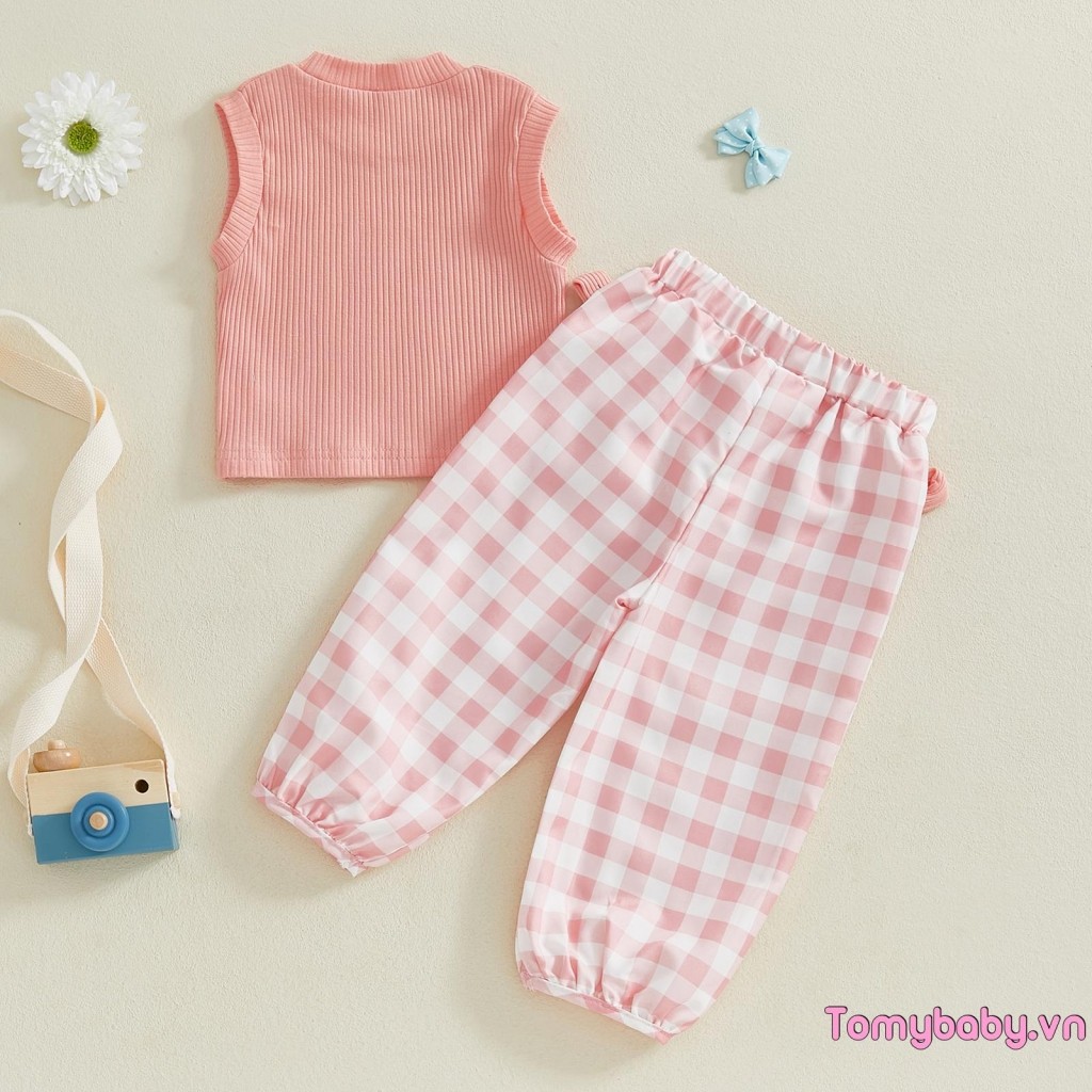 Áo ba lỗ cổ tròn không tay cho bé gái + Quần kẻ sọc nơ Trang phục mùa hè