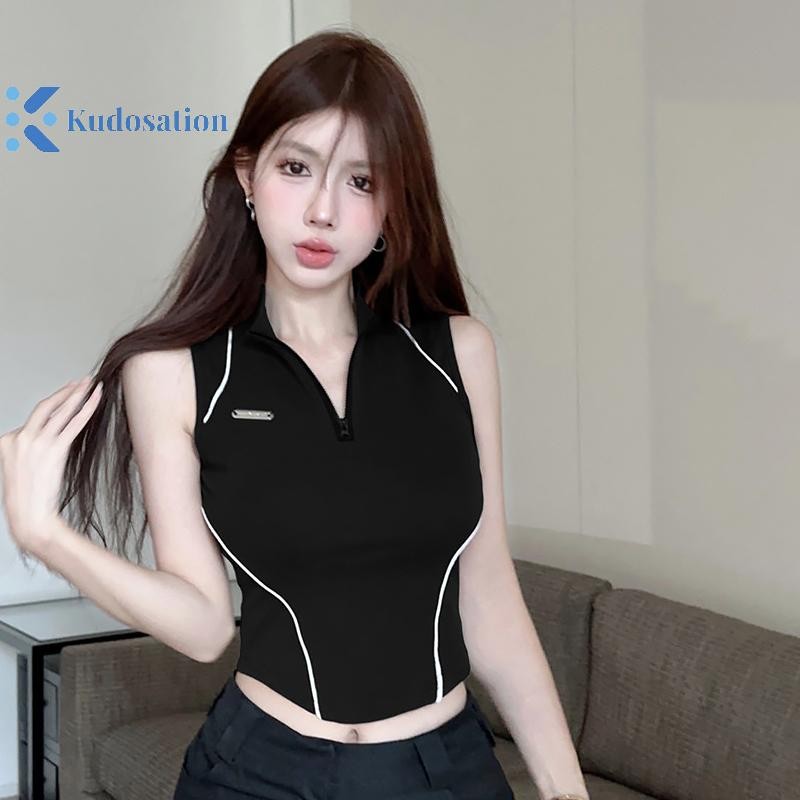 Kudosation Thời Trang Mỹ Nửa Khóa Kéo Đứng Cổ Chắp Vá Không Tay Slim Tank Top Nữ Crop Top Đẹp