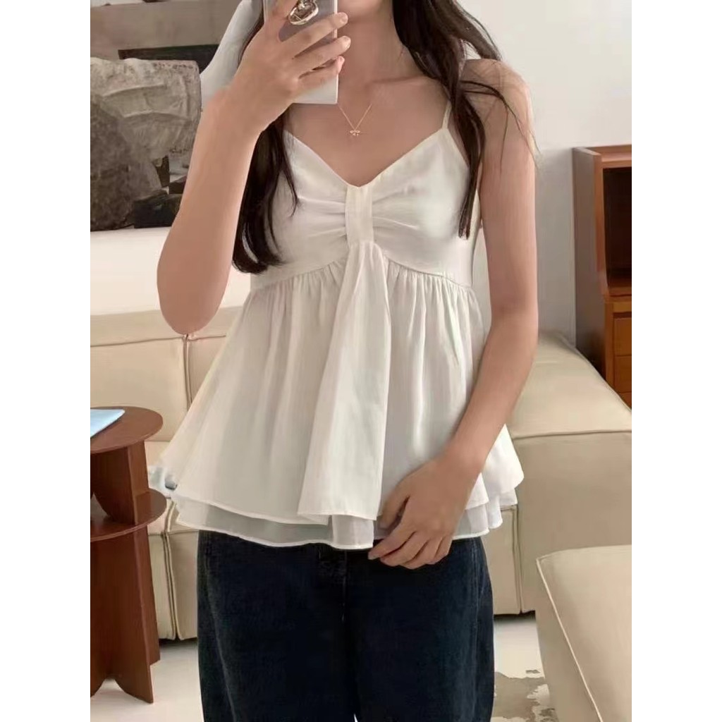 SUXI Áo sơ mi nữ hai lớp cổ chữ V xù phong cách Hàn Quốc mùa hè 250326