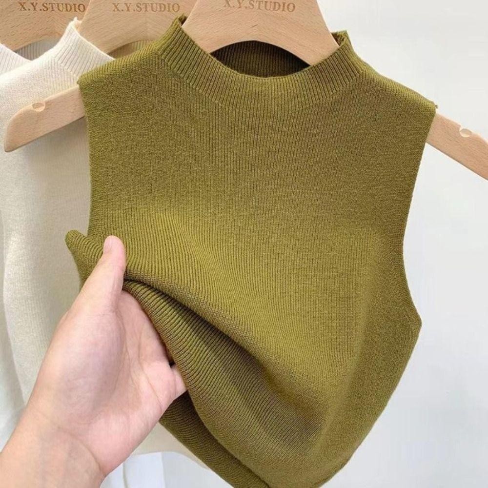 Áo len dệt kim SIMPLEAID, crop top nửa cổ không tay, màu trơn thanh lịch