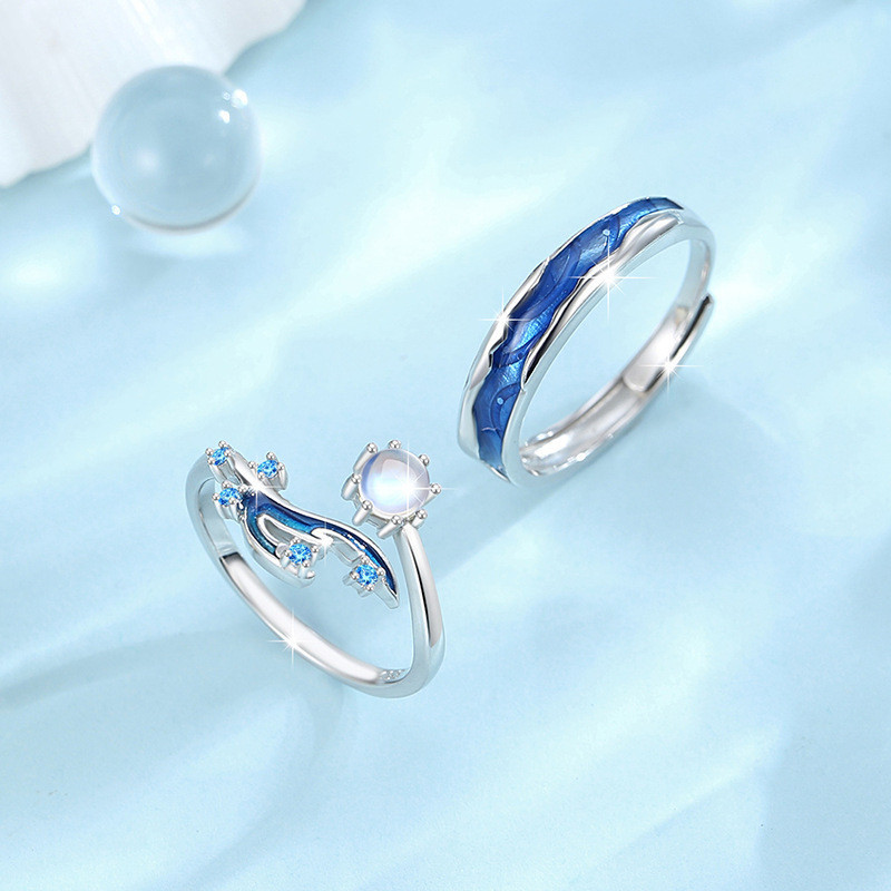 S925 Bạc Nàng Tiên Cá Và Biển Cặp Đôi Nhẫn Thời Trang Đá Mặt Trăng Mở Có Thể Điều Chỉnh Nam Nữ Nhẫn Cặp Đôi