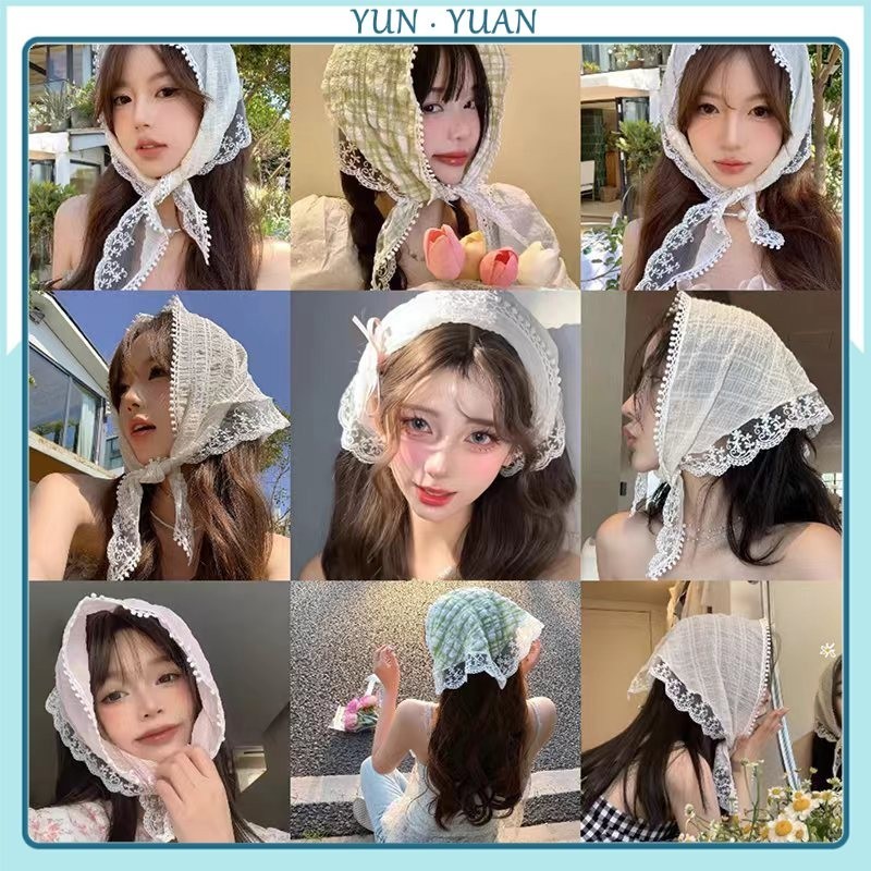 [Yunyuan] Khăn trùm đầu ren hình tam giác kiểu Pháp mùa hè chống nắng mỏng thoáng khí thời trang băng đô