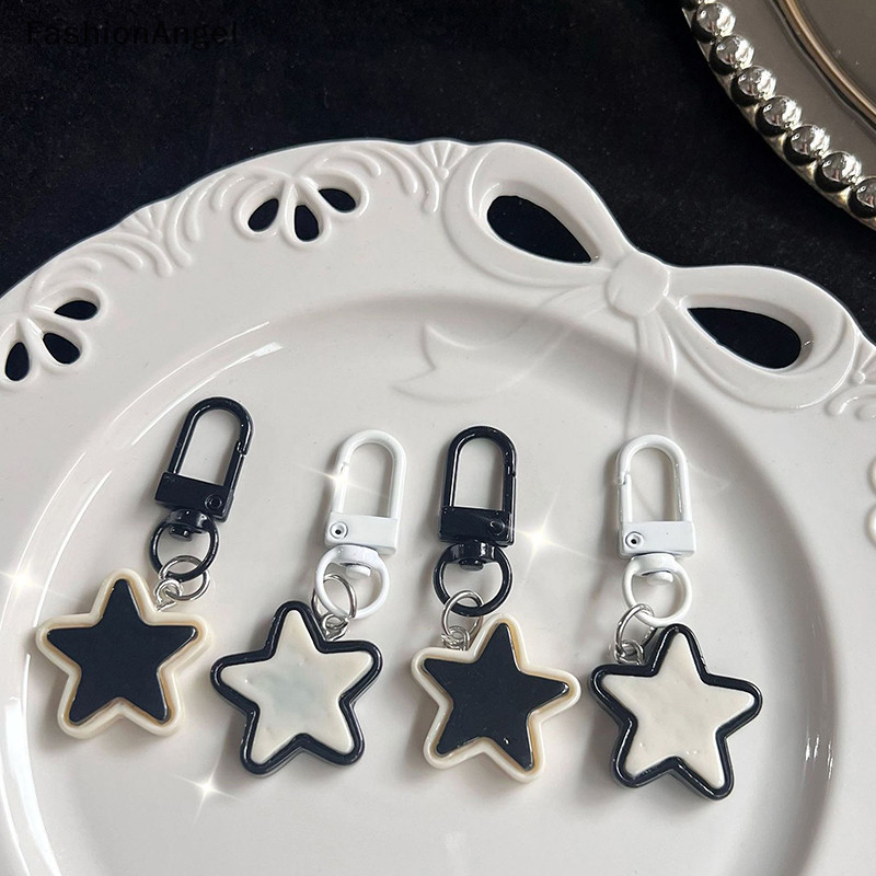 Fashionangel Dễ Thương Đơn Giản Đen Trắng Ngôi Sao Móc Khóa Y2k Vintage Pentagram Móc Khóa Túi Mặt Dây Chuyền Trang Trí Bé Gái Bé Trai Quà Tặng TH