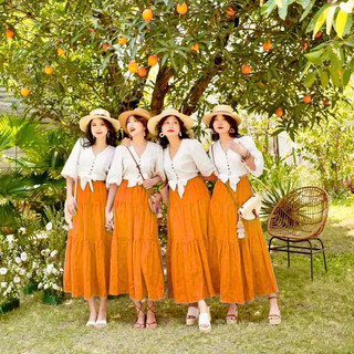 SET ÁO SƠ MI CROPTOP CHÂN VÁY MAXI TƠ ĐŨI CAO CẤP VN
