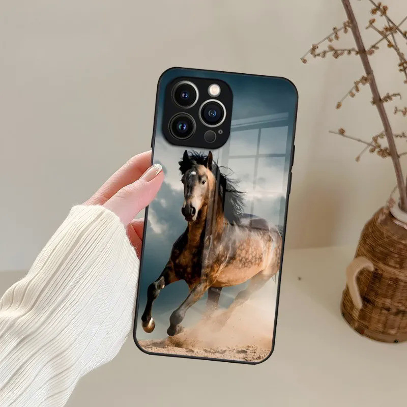 Bk-1 Động Vật Galloping Ngựa Ốp Lưng Kính Cường Lực Cho IPhone 13 14 12 11 Pro XS Max Plus Mini X XR 8 7 6s SE2020 Bao 0458