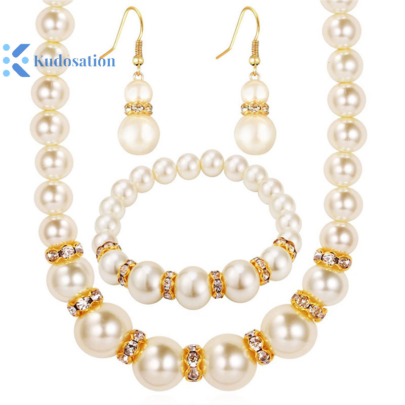 Kudosation 3in1 Bộ Thanh Lịch Mô Phỏng Ngọc Trai Vòng Cổ Bông Tai Vòng Cổ Dài Nữ Cô Dâu Cưới Trang Sức Quà Tặng