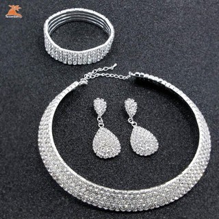 Phụ Nữ Kim Cương Giả Pha Lê Choker Vòng Cổ Bông Tai + Vòng Tay + Bông Tai Bộ Trang Sức Cưới Phụ Kiện Cô Dâu