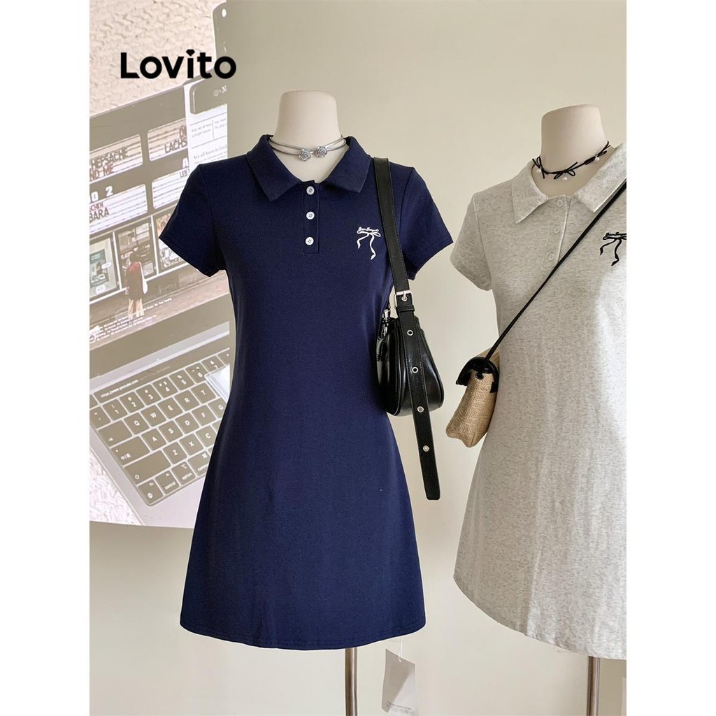Ảnh Đầm Lovito phối nơ màu trơn phong cách thường ngày cho nữ LNM68129 4