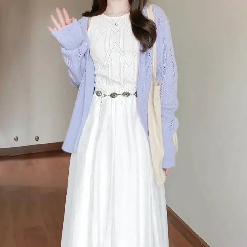 [YU]Áo vest phong cách Pháp thanh lịch, áo khoác cardigan không tay, bộ hai mảnh đan rỗ.
