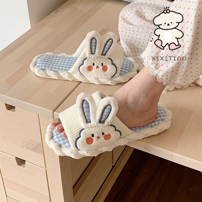 Dép Xixitiao Nữ Vải Lanh Thỏ Dễ Thương Sinh Viên Nhà Bốn Mùa